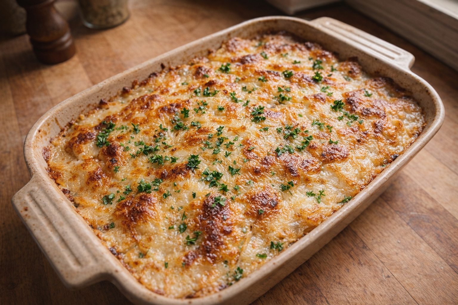 A top-down, close-up shot of golden brown Potato Au Gratin, bubbly cheese top, parsley garnish, in a ceramic baking dish, warm, inviting lighting